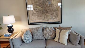 Smart TV, fireplace, books