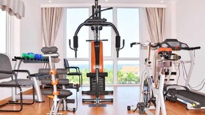 Un gimnasio en casa con cinta de correr, elíptica y máquinas de pesas, ventanas amplias y vistas al exterior.