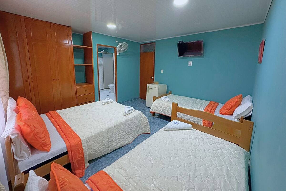 Una habitación con dos camas individuales, un armario, un mueble pequeño, un ventilador y un televisor en la pared.