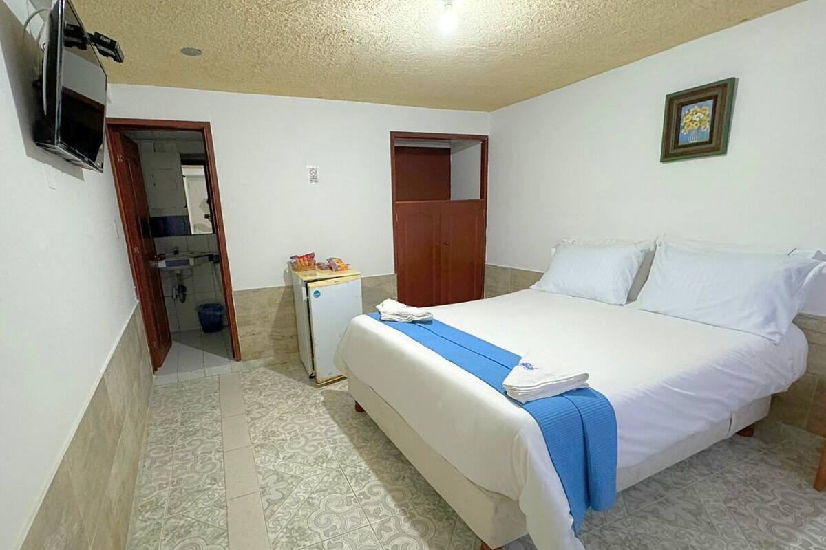 Un dormitorio con cama, escritorio, televisor y armario.