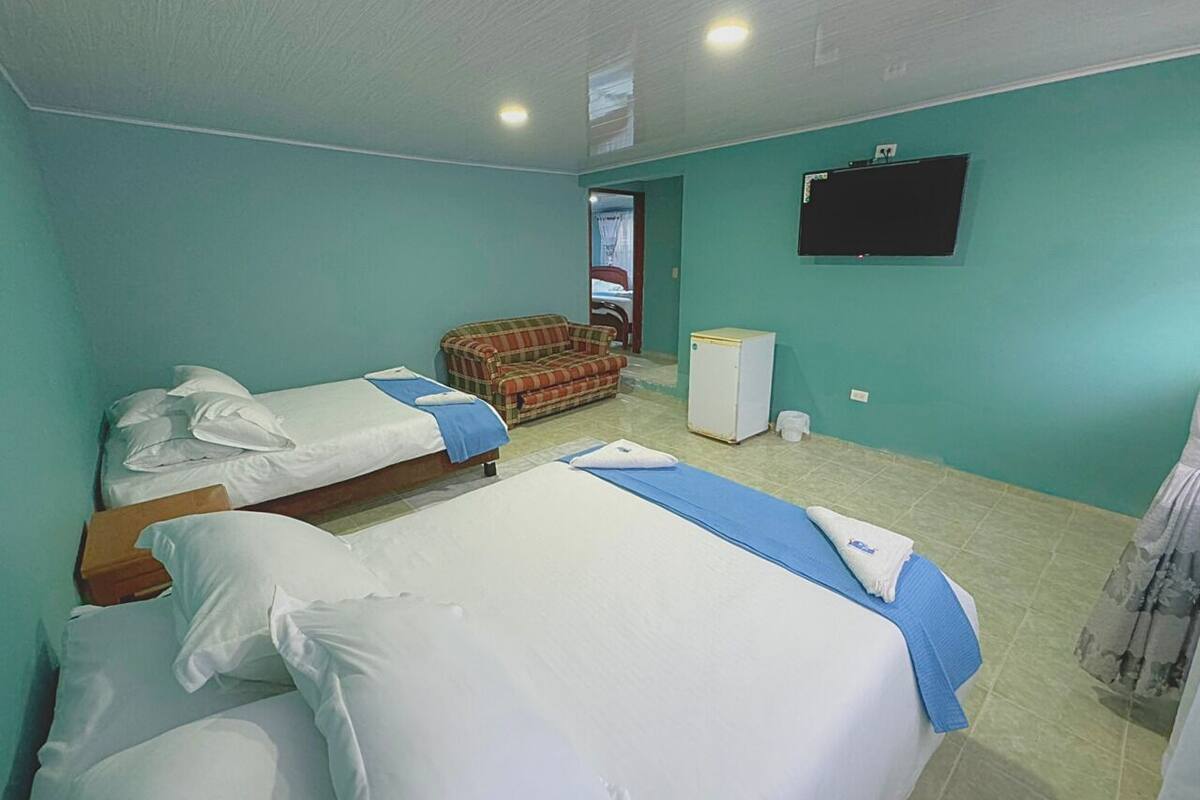 Una habitación de hotel con dos camas, un pequeño sofá, un televisor y un refrigerador.