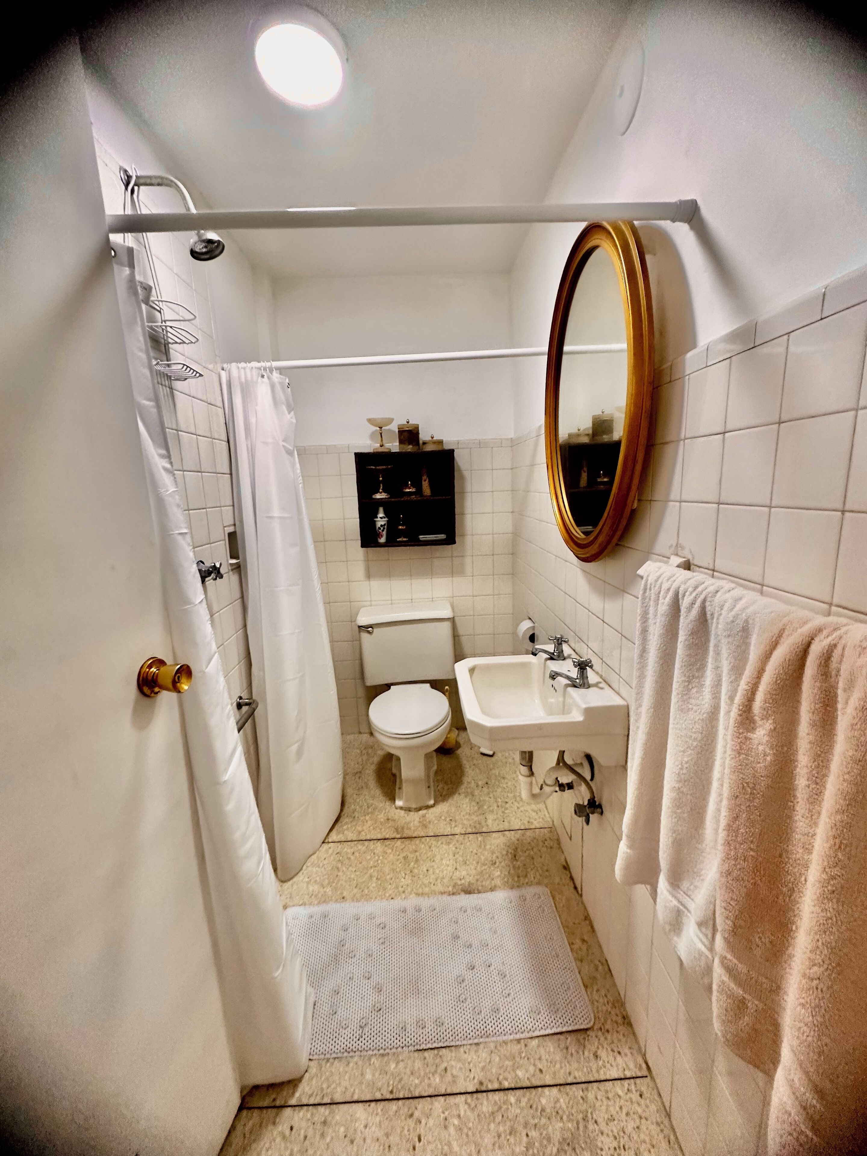 Douche, serviettes fournies, papier toilette