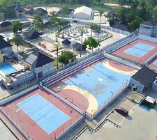 Vista aérea de um complexo esportivo com várias quadras de basquete, piscina e edifícios ao redor.