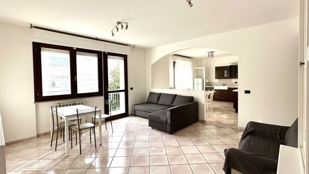 Ein geräumiger Wohnbereich mit einer Couch, einem Esstisch, Stühlen und einer Küche im Hintergrund.