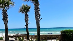 A beach view with three palm trees and a wooden fence. - Salted Tranquility at The Palms Of Destin (Destin)