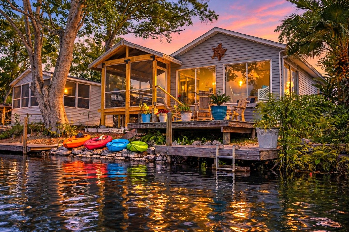A waterfront house with a covered porch, a dock with kayaks, and a pond reflecting the sky.