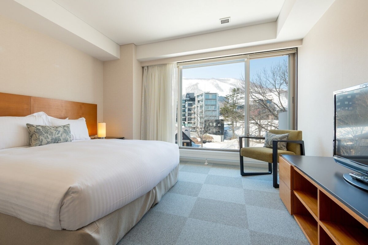 Habitación de hotel con una cama grande, televisión, escritorio y ventana con vistas a edificios y nieve.