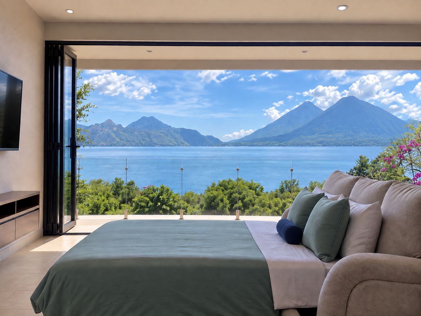 Ein Schlafzimmer mit einem großen Bett, einem Sofa und einem Fernseher. Es bietet Blick auf einen See und Berge.