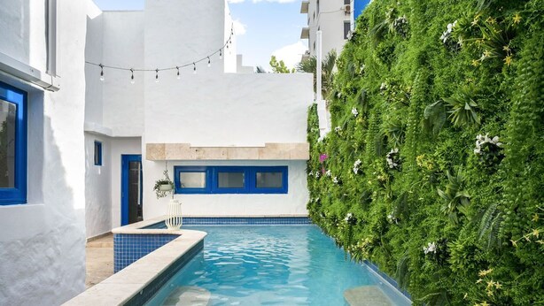 A swimming pool with a blue-tiled edge, surrounded by white buildings with blue accents and a vertical garden wall.