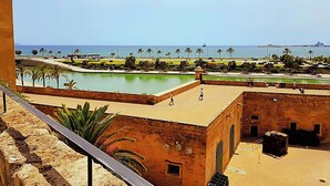 A coastal view with a beach, palm trees, and a distant ship.