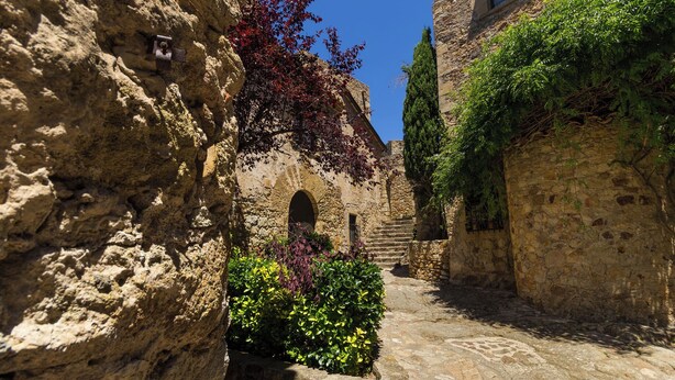 A narrow stone pathway flanked by stone walls and vegetation, leading to an arched doorway. - Apartement with air conditioning and pool (Pals)