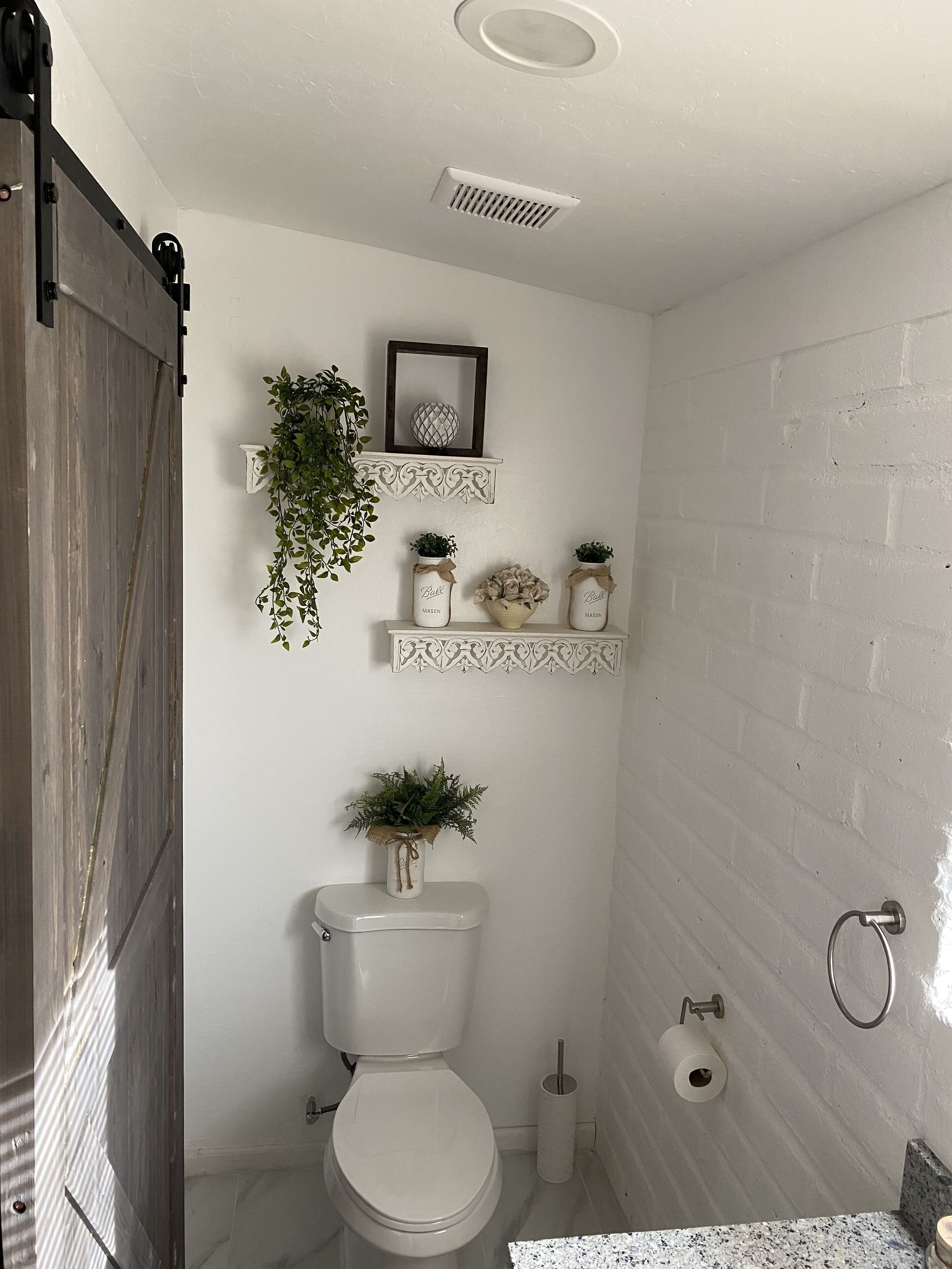 A bathroom with a toilet, a shower area, and a sink. There are decorative plants on shelves and a wooden door.