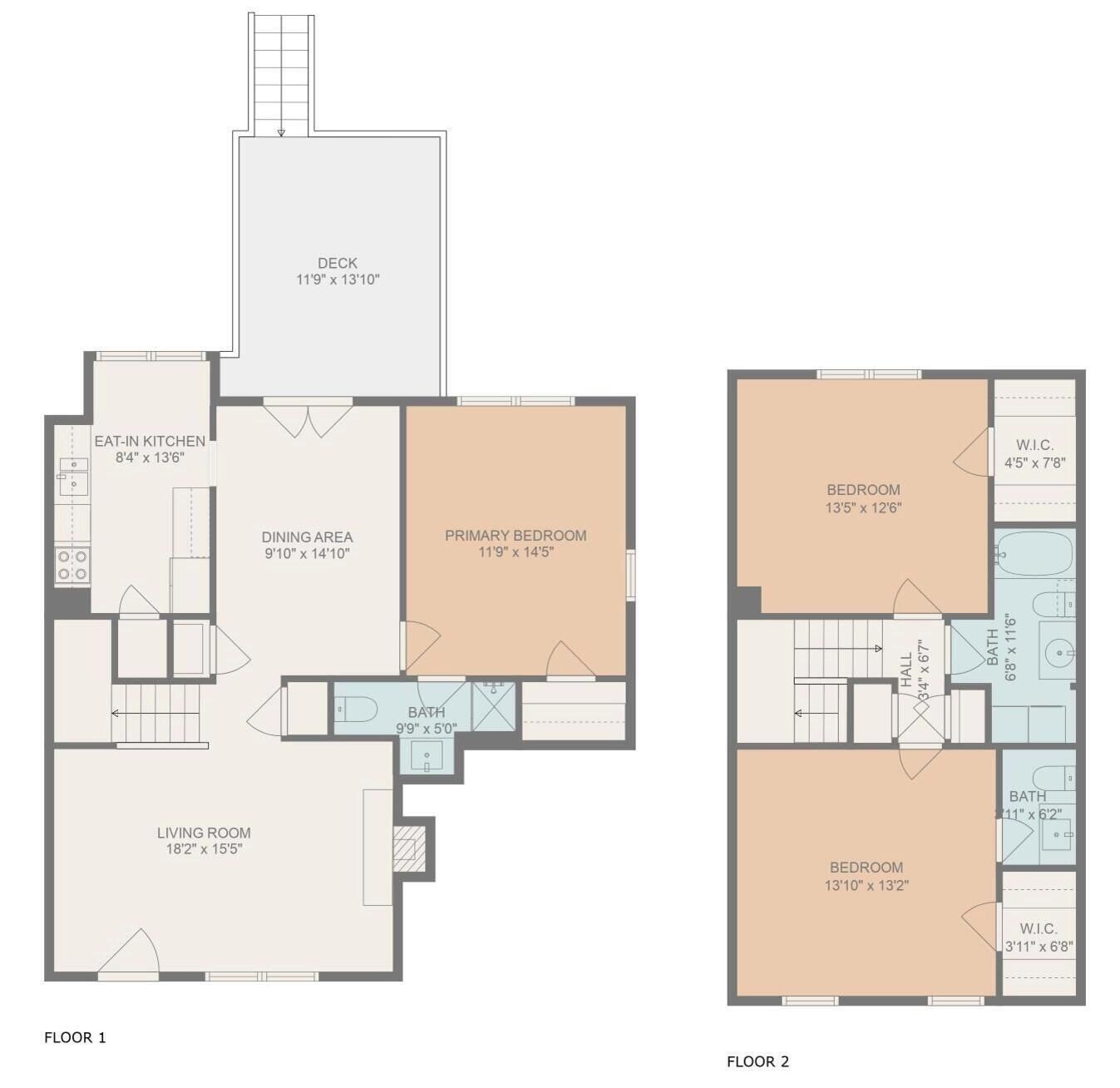 A floor plan with two bedrooms, a living room, dining area, kitchen, and a bathroom.