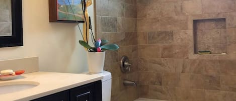 Shower, towels, soap, shampoo