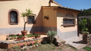 Un edificio de fachada en estuco, un pequeño jardín con plantas y flores en macetas, y una reja metálica.