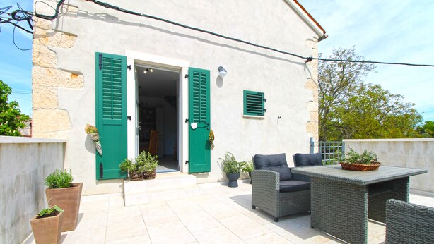 Une terrasse extérieure aménagée avec des meubles en osier, des plantes en pot et une entrée de bâtiment dotée de volets verts.