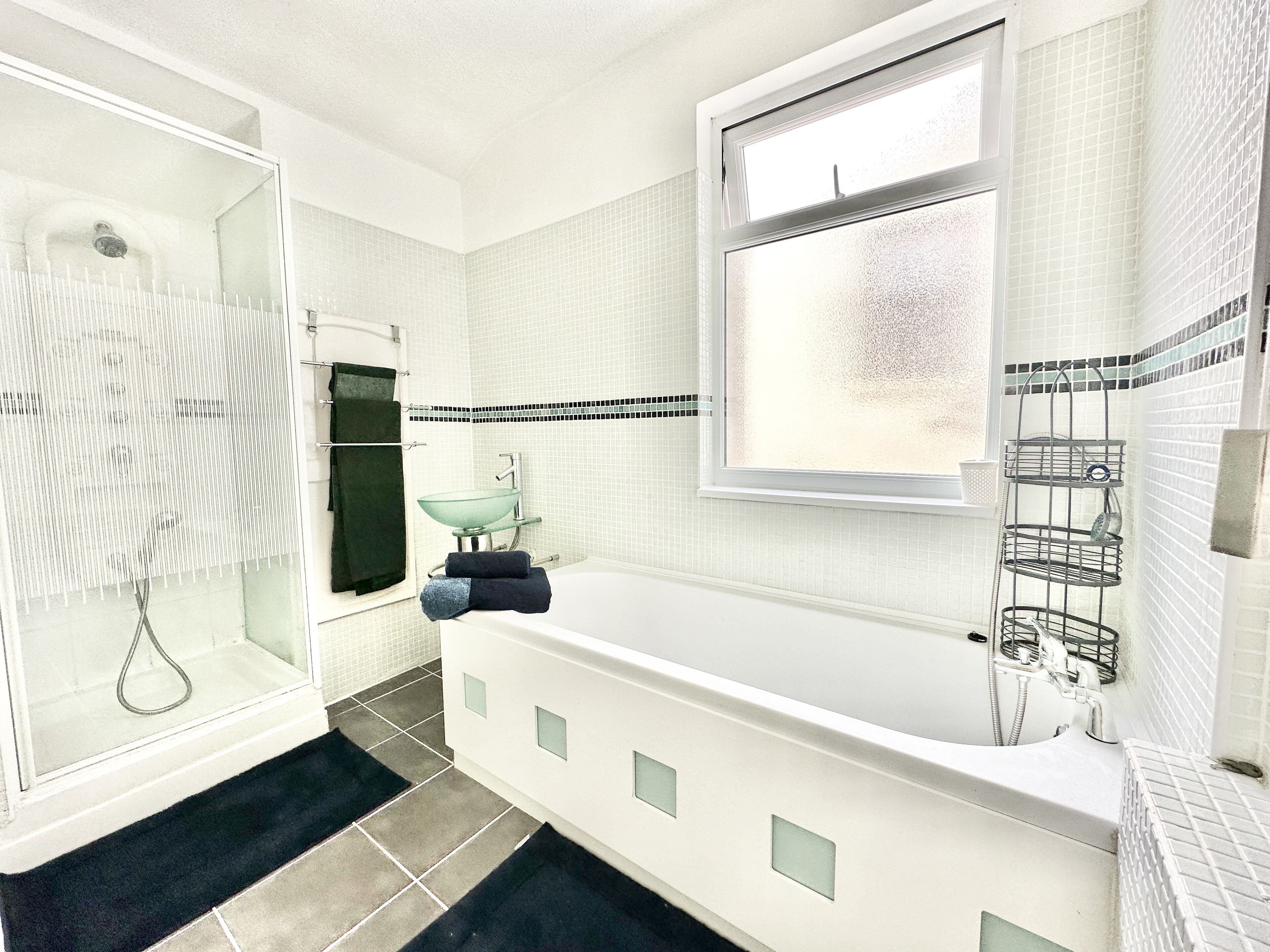 Hair dryer, towels, soap, shampoo