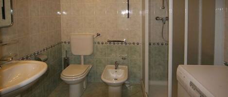 Un baño con inodoro, bidé, lavabo y lavadora.