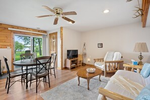 Smart TV, fireplace, video games, DVD player