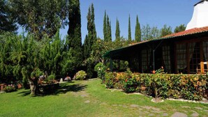 Un jardín con un edificio blanco, una estructura cubierta y varios árboles.