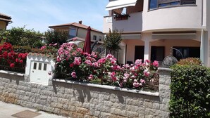 A two-story house with a stone wall and a garden with pink flowers. - Holiday apartment with air conditioning (Novigrad)