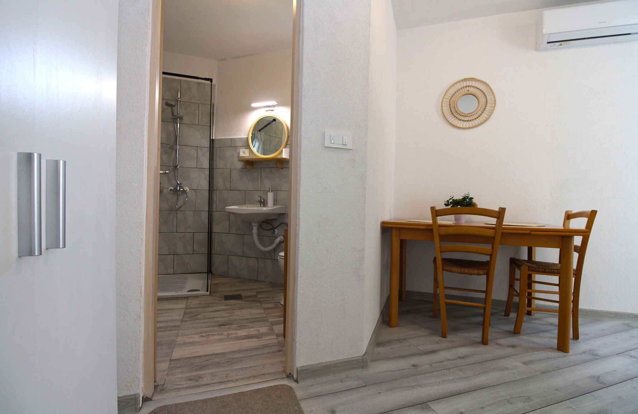 A bathroom with a shower, sink, and mirror. There is a wooden table with chairs and a small plant.
