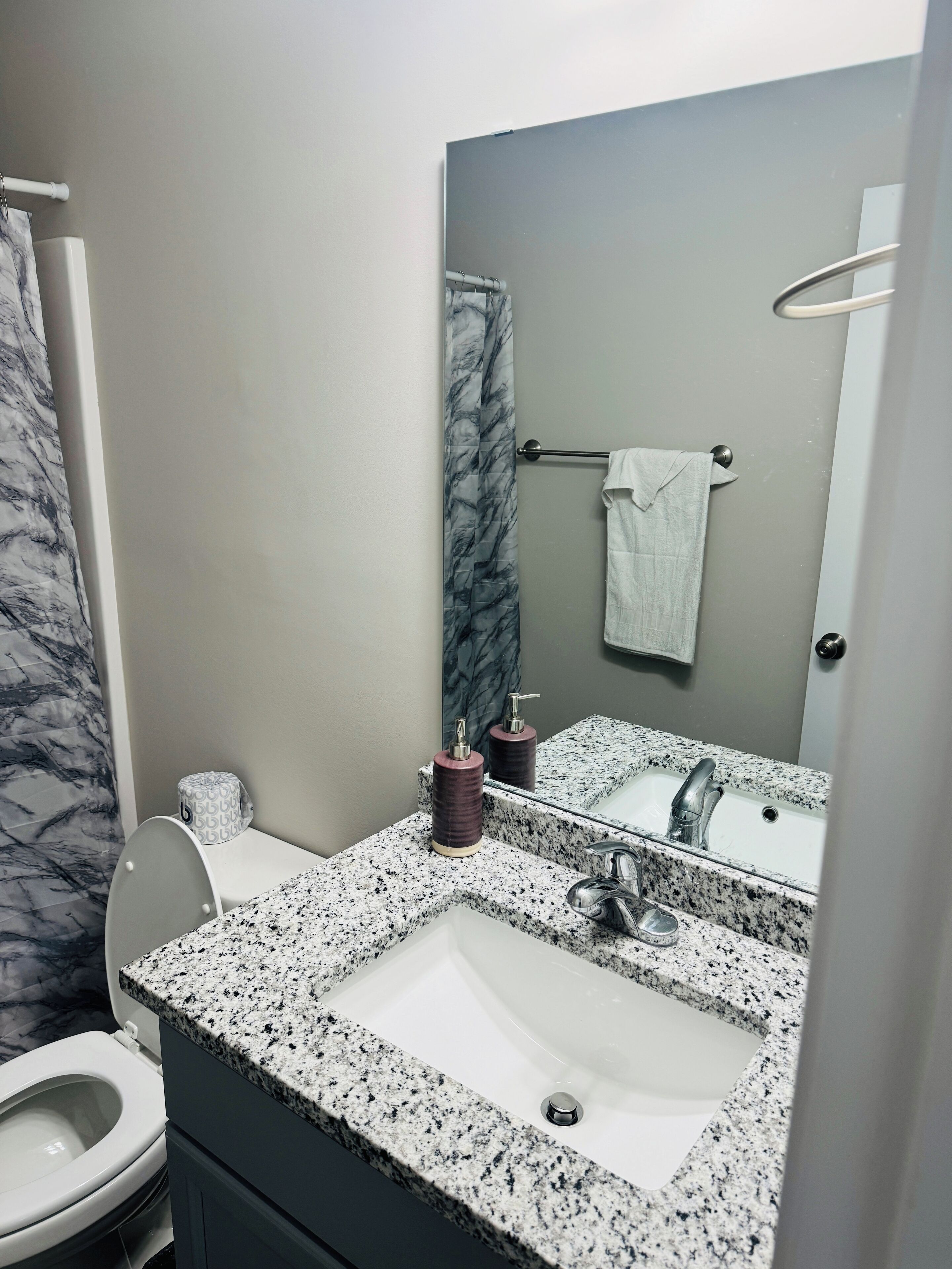 Un bagno con un lavandino bianco, un piano di lavoro in granito e uno specchio sopra. Si vede un WC con tenda da doccia a effetto marmo e un asciugamano su un porta asciugamani.