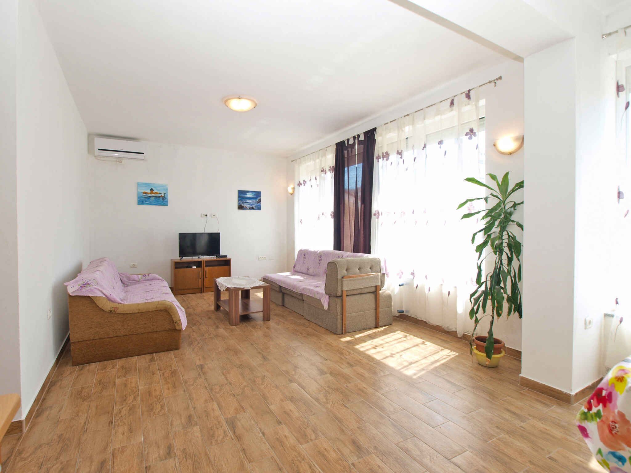 Uma sala de estar com sofá, televisão, mesa de centro e um vaso de plantas.