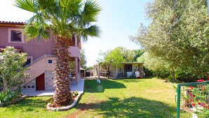 A residential property with a well-maintained lawn, a palm tree, and a small patio area. - Studio with sea view and air conditioning (Peroj)