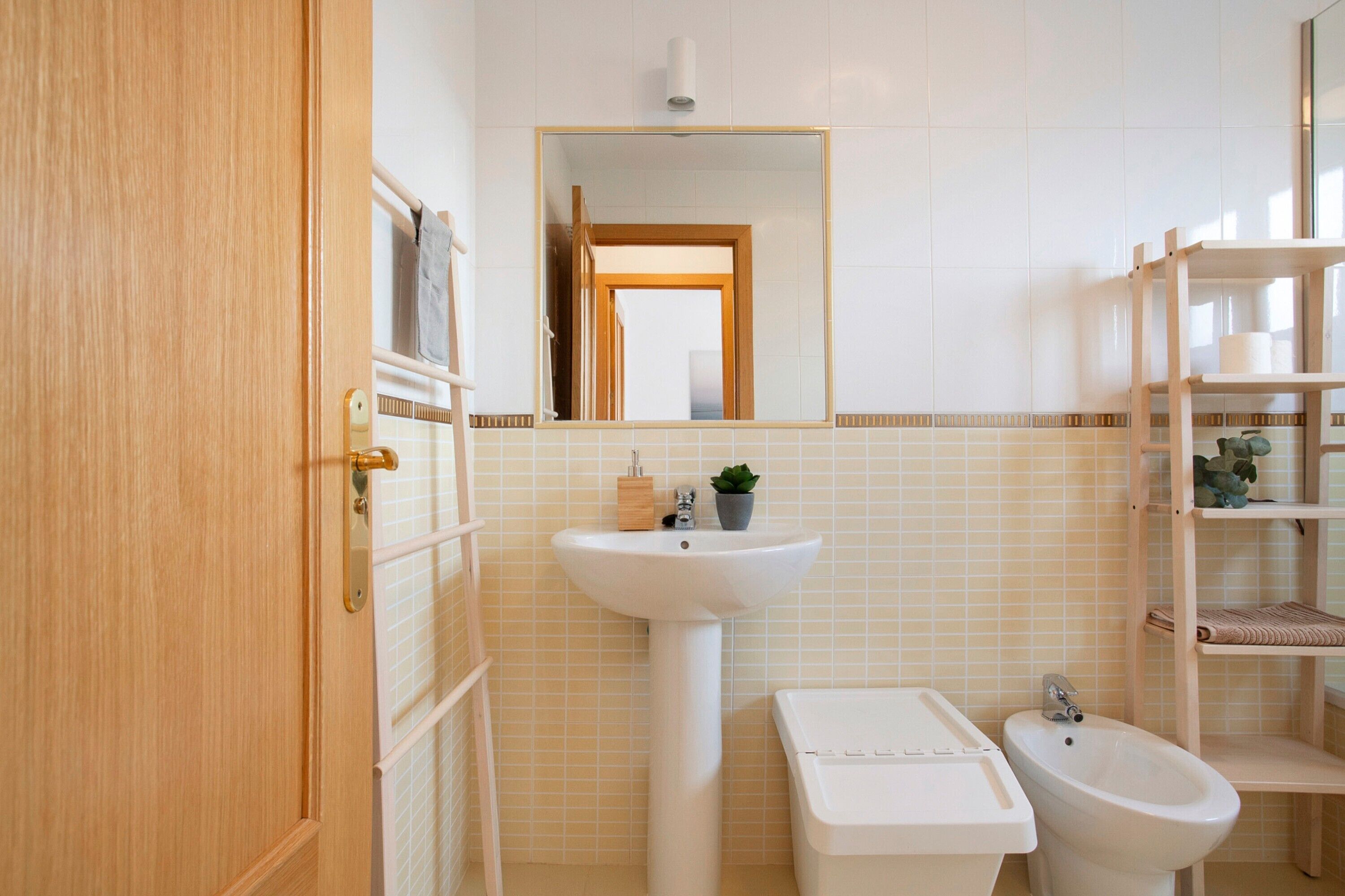 A bathroom with a wooden door, a pedestal sink, a bidet, and a mirror above the sink.