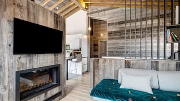 Televisie, een open haard en een videogameconsole