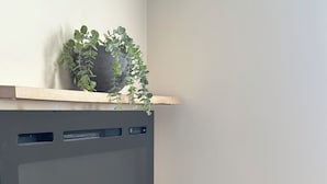 A room with a large mirror, a wicker basket with a blanket, a wooden shelf with a plant, and a wall-mounted thermostat.