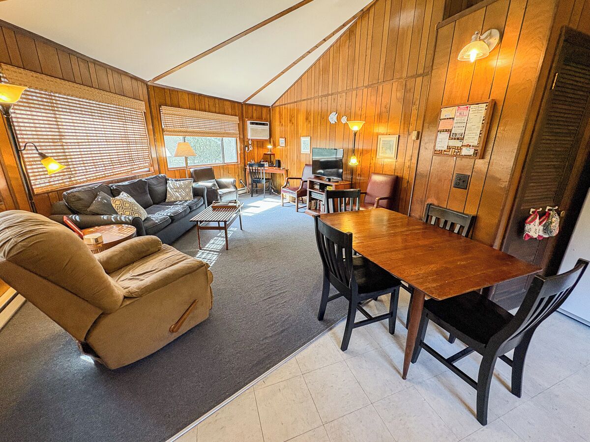 A cozy cabin interior with a living area, dining table, and a TV.