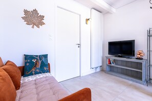 A living room with a sofa, a television, and a bookshelf.