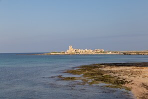Un paysage côtier avec un ensemble de bâtiments historiques au bord de la mer, un ciel dégagé et une eau calme.