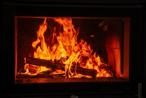 Una chimenea con leña y llamas.