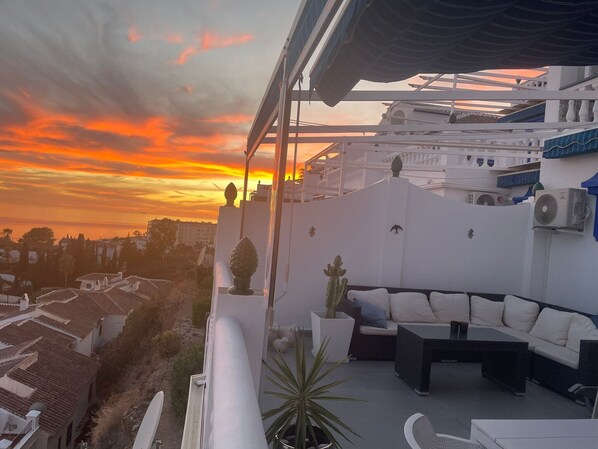 Una terraza en la azotea con un muro blanco, un cactus y un sofá.