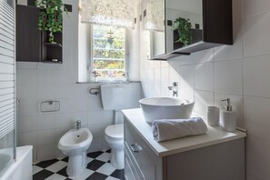 Hair dryer, bidet, towels, toilet paper