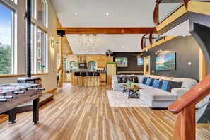 TV, fireplace, foosball