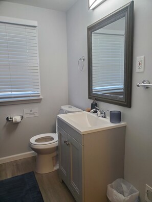 Hair dryer, towels, soap, shampoo