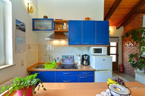 Kühlschrank, Mikrowelle, Herdplatte, Kochgeschirr/Geschirr/Besteck