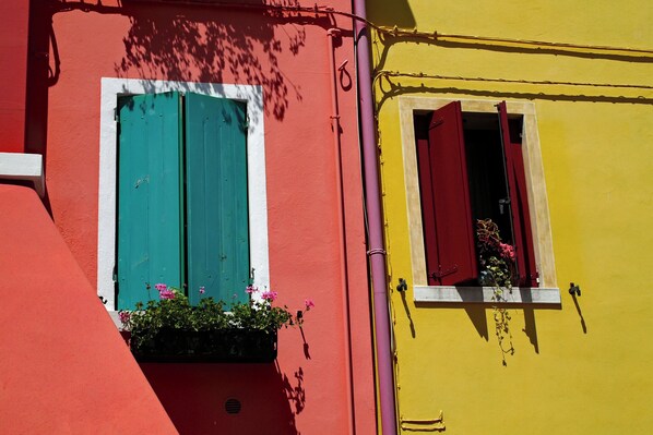 A building with two windows, one with green shutters and the other with red shutters, both with flower boxes.