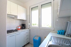 Fridge, microwave, stovetop, cookware/dishes/utensils