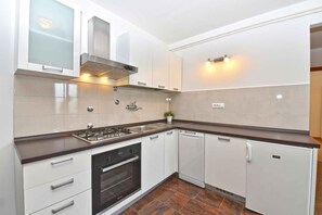 Fridge, microwave, oven, stovetop - Villa with swimming pool, playground and garden kitchen (Tinjan)