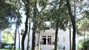 A building with a central entrance, flanked by trees, and a pathway leading to the door. - Holiday apartment near the sea (Lido di Jesolo)