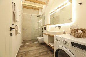 Hair dryer, towels, toilet paper