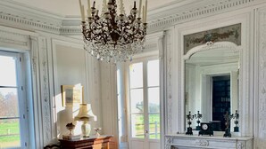 Une pièce élégante, dotée d’un lustre, d’une cheminée et offrant une vue sur l’extérieur.