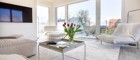 Een televisie en een open haard