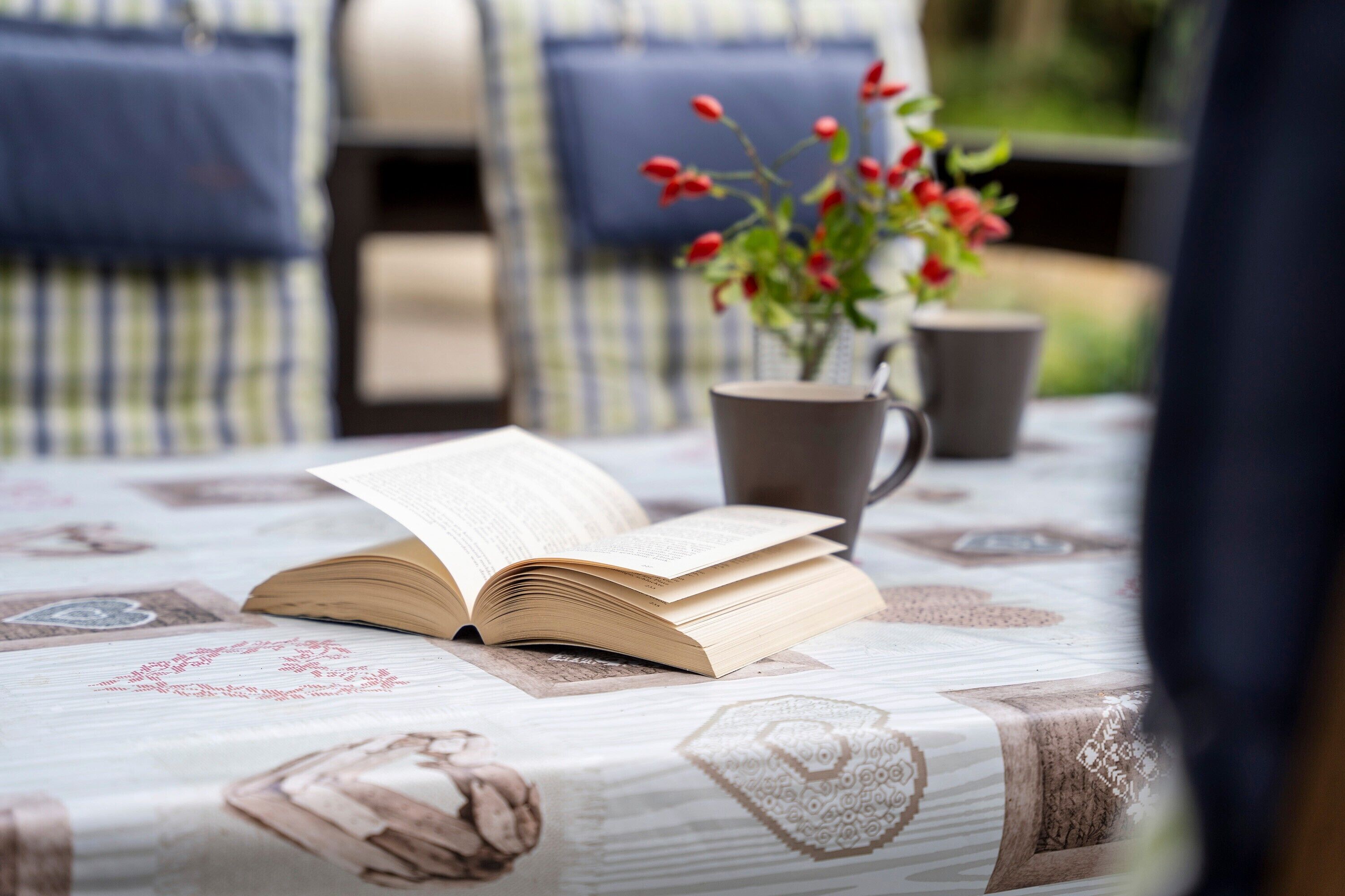 Un livre ouvert sur une table recouverte d’une nappe à motifs, avec une plante en pot et une tasse.