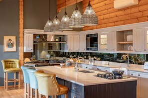 Fridge, microwave, oven, dining tables